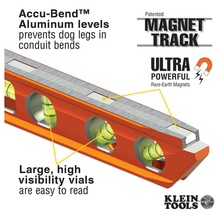 Klein Tools 935AB4V Level, 6-Inch Magnetic Torpedo and Conduit Level with 0/30/45/90 Degree Vials, V-Groove and Magnet Track, High Visibility Orange