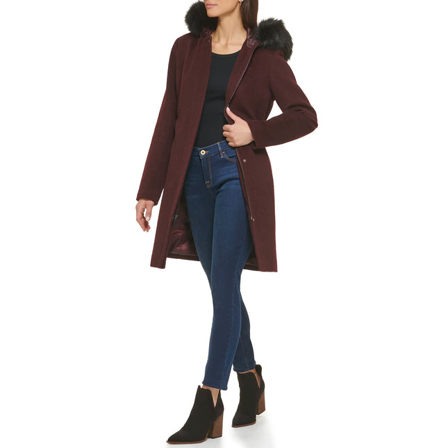 Cole Haan Womens Hooded Coat Slick Wool With Detatchable Faux Fur TrimDown Coat, Bordeaux, 16