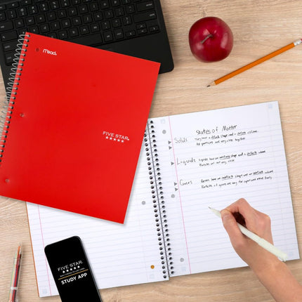 Five Star Spiral Notebook + Study App, 3 Pack, 3 Subject, Wide Ruled Paper, 8" x 10-1/2", Tidewater Blue, Fire Red, Black (930081)