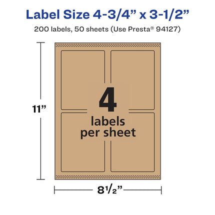 Etiquetas rectangulares Avery Kraft Brown con Sure Feed, 4.75" x 3.5", 200 etiquetas Kraft Brown, impresión hasta el borde, etiquetas imprimibles con láser/inyección de tinta