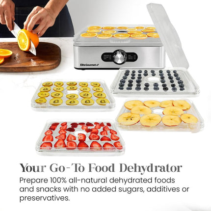 Déshydrateur alimentaire Elite Gourmet, déshydrateur alimentaire avec plateaux en acier inoxydable, commandes de température réglables, pour viande séchée, herbes, fruits, légumes, collations, 5 plateaux