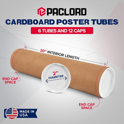 2" x 20" Reinforced Kraft Paper Mailing Tubes, Pack of 6 Tubes with 2 Caps Each – USPS Approved Poster Tube – Made in USA Cardboard Tube for Shipping and Storing Posters, Prints, Artwork, or Documents