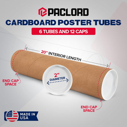 2" x 20" Reinforced Kraft Paper Mailing Tubes, Pack of 6 Tubes with 2 Caps Each – USPS Approved Poster Tube – Made in USA Cardboard Tube for Shipping and Storing Posters, Prints, Artwork, or Documents