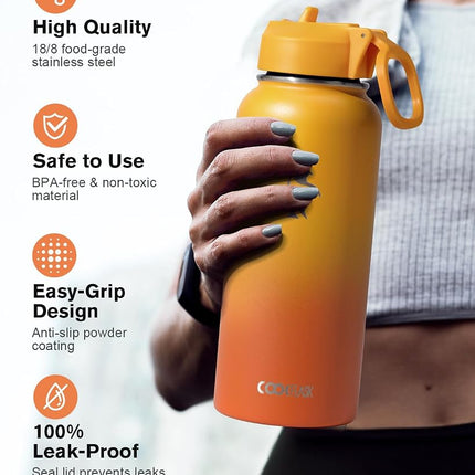Water Bottle 32 oz Insulated with Straw, Coolflask Stainless Steel Metal 3 Lids Water Flask Wide Mouth for Sports or Office, Non-BPA Keep Cold Up to 48 Hrs or Hot Up to 24 Hrs, Ombre Yellow/Orange