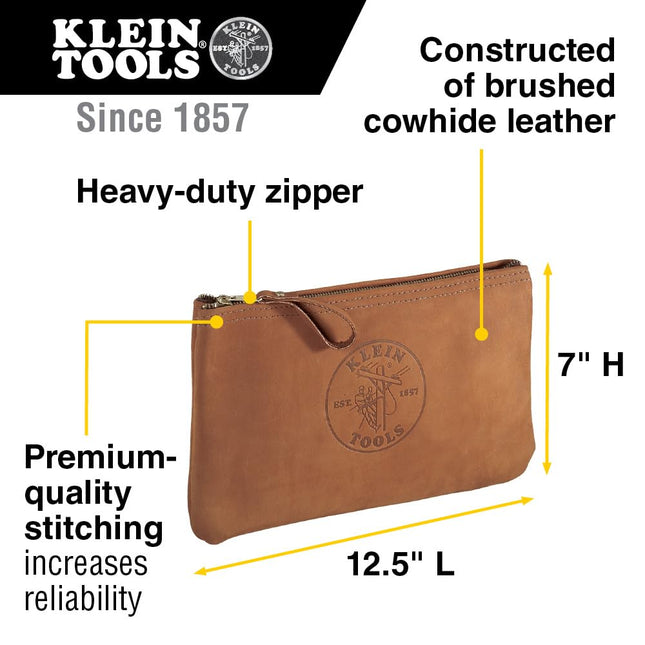 Klein Tools 5139L Zipper Bag, Top-Grain Leather Tool Pouch with Strong Zipper Close, 12-1/2-Inch, Brown