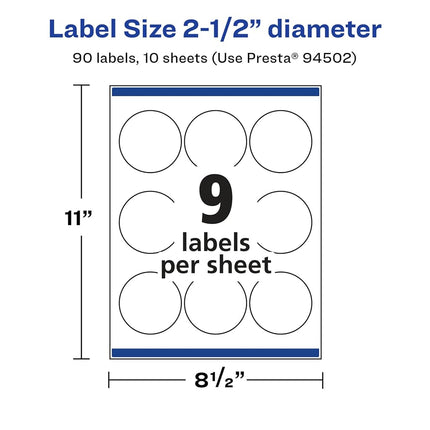 Avery® Glossy White Round Labels, Sure Feed® Technology, 2.5" Diameter, 90 Glossy White Labels, Print-to-The-Edge, Permanent Adhesive, Laser/Inkjet Printable