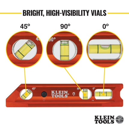Klein Tools 935RBLT Level, Lighted Torpedo Level with Magnet, 3 Vials and V-Groove, Water and Impact Resistant, Great for Conduit Bending High-Visibility Orange