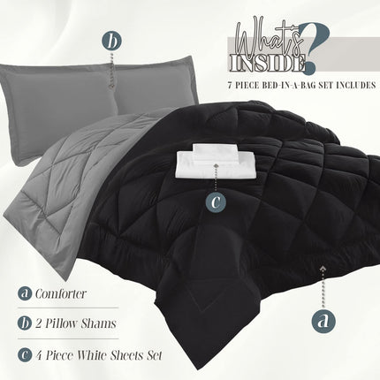 Elegant Comfort 1500 Thread Count 7-Piece Queen Size Bag, Super Cozy Bed Sheets and Comforter Set, Wrinkle and Stain Resistant, Microfiber, Black/Gray, Full