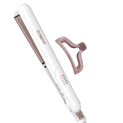 Conair Double Ceramic Flat Iron, 1-Inch Hair Straightener with Claw Clip, Five Heat Settings, Hair Iron with Extra Long Floating Plates, White