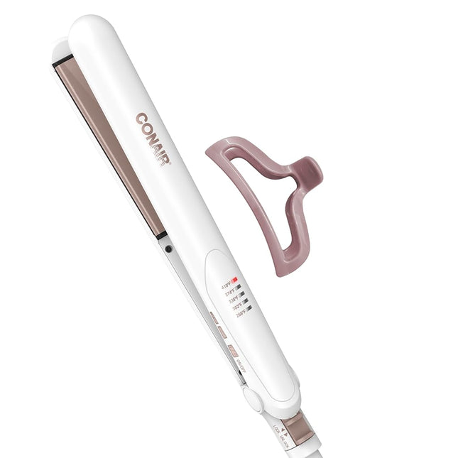 Conair Double Ceramic Flat Iron, 1-Inch Hair Straightener with Claw Clip, Five Heat Settings, Hair Iron with Extra Long Floating Plates, White