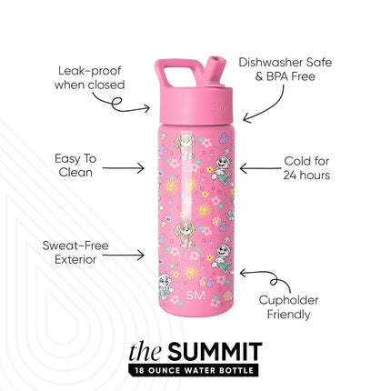 Simple Modern Paw Patrol Kids Water Bottle with Straw Lid | Reusable Insulated Stainless Steel Cup for Girls, School | Summit Collection | 18oz, Sunny Florals