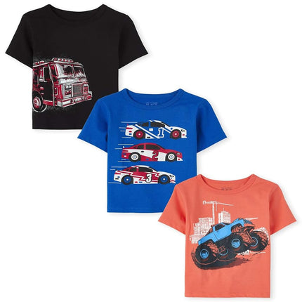T-shirts graphiques à manches courtes The Children's Place pour bébés et tout-petits garçons, motif véhicule, lot, Camion de pompier/Camion/Voitures, 2T