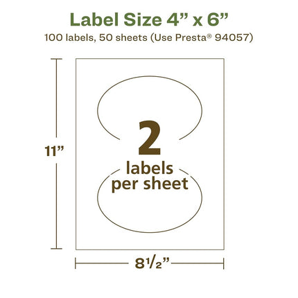 Etiquetas ovaladas Avery EcoFriendly mate blancas recicladas, 4" x 6", impresión hasta el borde, etiquetas blancas mate, adhesivo permanente, imprimibles con láser/inyección de tinta, 100 en total
