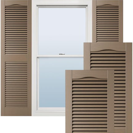 12"W x 64"H Lifetime Vinyl, Standard Cathedral Top Center Mullion, Open Louver Shutters, w/Installation Shutter-Lok's & Matching Screws (Per Pair), French Roast