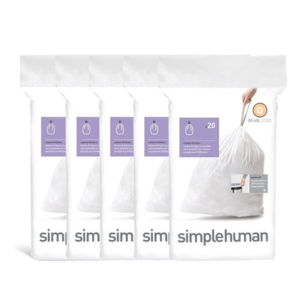 simplehuman Code Q 100 Liners, 50% Recycled Custom Fit Bin Bags in Dispenser Packs, Durable Drawstring Tie Handle, 50-65L, White