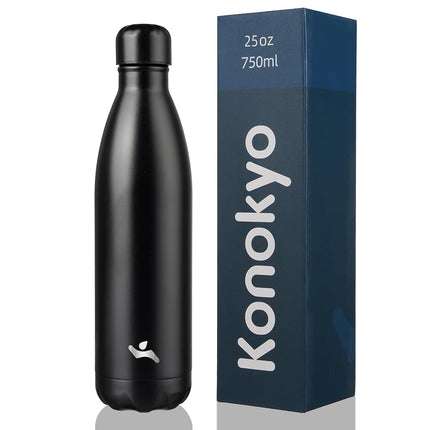 Konokyo Insulated Water Bottles,25oz Double Wall Stainless Steel Vacumm Metal Flask for Sports Travel,Midnight Black