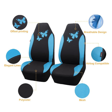 Flying Banner Butterfly car seat Covers ful Set Fashion Universal Lady Woman Female Rear Bench Split Colorized (2 Fronts, Mint Blue)