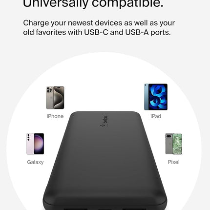 Belkin Power Bank 20K USB A and C Portable Battery Pack, 15W Black Phone Charger