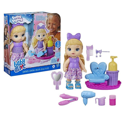 Baby Alive Estilista de Burbujas, muñeca de 30 cm para niños de 3 años en adelante, incluye silla de salón, accesorios, solución de burbujas, cabello rubio