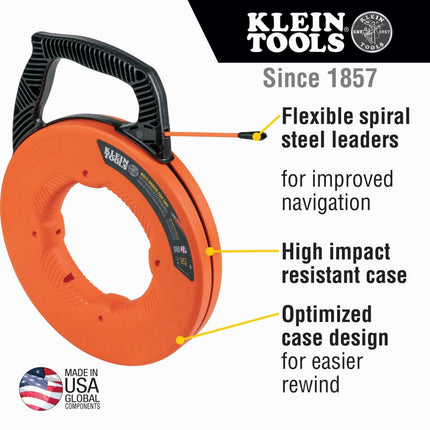 Fish Tape, Multi-Groove Fiberglass Wire Puller with Nylon Tip, Optimized Housing and Handle, 15 m, Klein Tools 56382
