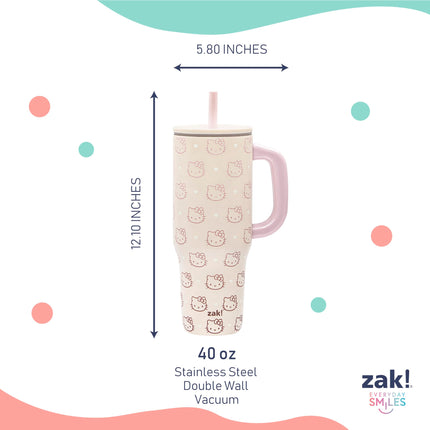 Zak Designs Sanrio Sutton, Gobelet de voyage pour la maison ou les déplacements, en acier inoxydable de 1,18 litre avec isolation sous vide, paille en silicone, poignée de transport et illustration 3D pour boissons froides (Hello Kitty)
