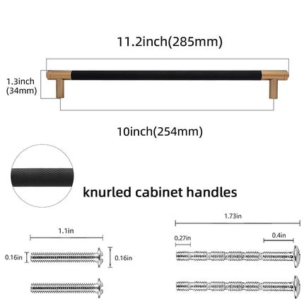 POVEFONK 10 Pack 10 inch(254mm) Black and Champagne Copper Kitchen Cabinet Handles Knurled Cabinet Pulls Black Drawer Pulls