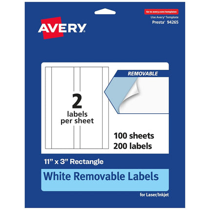 Avery Matte White Removable Rectangle Labels, 11" x 3", 200 Removable Labels, Laser/Inkjet Printable Labels
