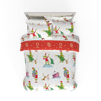 Housse de couette et parure de draps Franco avec taie, microfibre, Grinch-Blanc + Rouge, 7 pièces Grand lit