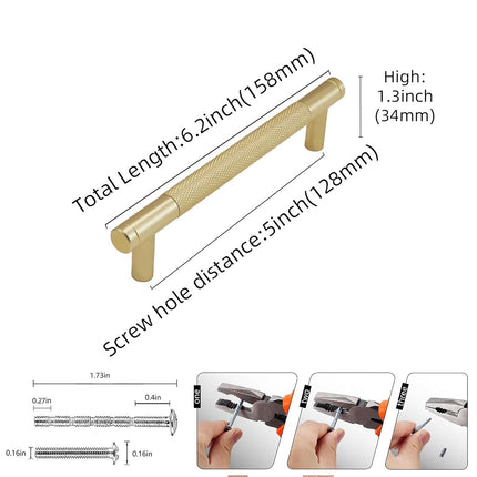 BUKOBYHE 10 Pack 5Inch Kitchen Cabinet Handles Brushed Brass Knurled Cabinet Pulls Gold Drawer Pulls Kitchen Hardware Kitchen Handles for Cabinets Cupboard Handles Drawer Handles