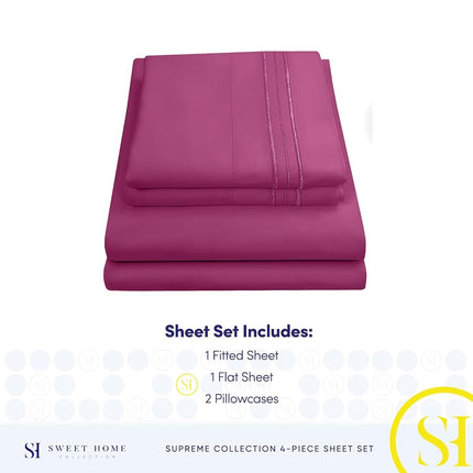 Sweet Home Collection Luxury Bedding Set with Flat, Fitted Sheet, 2 Pillow Cases, Microfiber, Berry, Queen