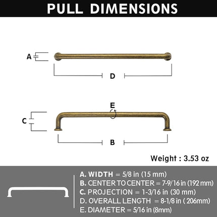Yanxia Set of 12 -Sleek 7 9/16" Center to Center Antique Brass Cabinet Handles - Retro and Minimalist Hardware for Stylish Home Enhancement