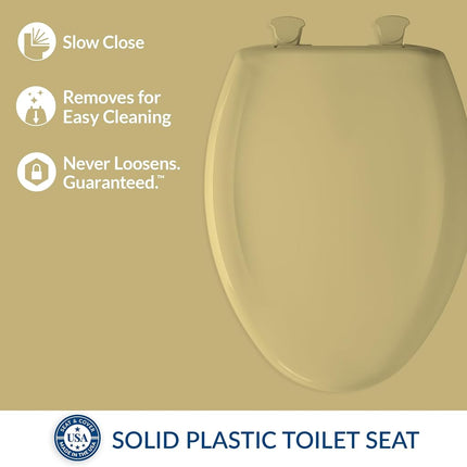 Bemia|#Bemis 1200SLOWT 031 BR &Nameinternal Slow Close Sta-Tite Elongated Closed Front Toilet Seat, Harvest Gold,