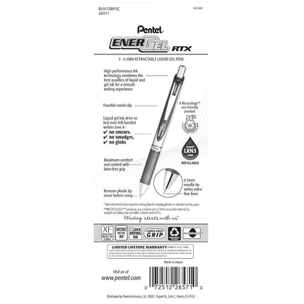 Pentel EnerGel RTX Retractable Liquid Gel Pen, (0.3mm) Needle Tip, Extra Fine Line, Blue Ink, 3-Pk (BLN73BP3C)