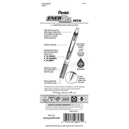 Pentel EnerGel RTX Retractable Liquid Gel Pen, (0.3mm) Needle Tip, Extra Fine Line, Blue Ink, 3-Pk (BLN73BP3C)