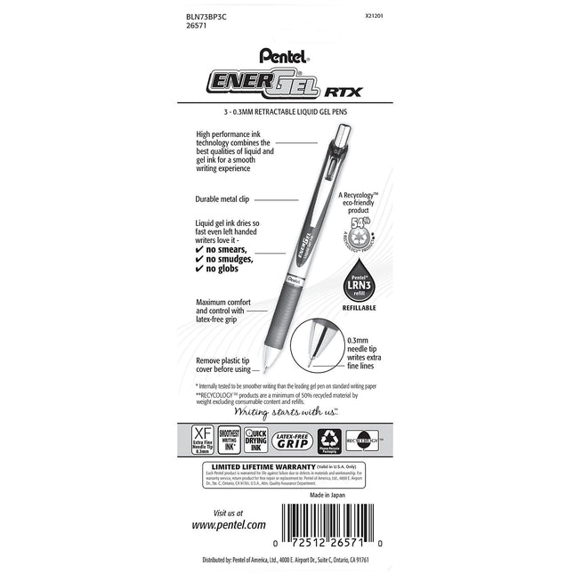 Stylo à bille gel liquide rétractable Pentel EnerGel RTX, pointe aiguille (0,3 mm), trait extra fin, encre bleue, paquet de 3 (BLN73BP3C)