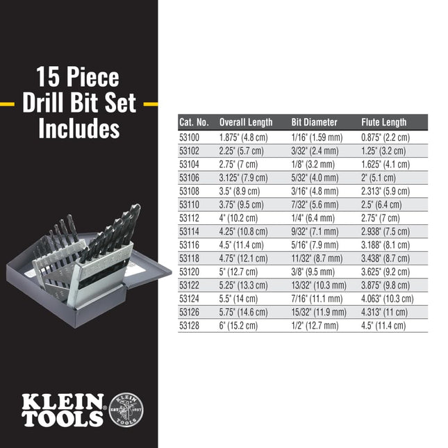 Klein Tools 53001 Regular-Point Drill-Bit Set, 15-Piece