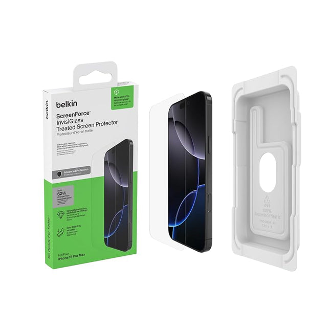 Belkin ScreenForce InvisiGlass Treated Screen Protector for iPhone 16 Pro Max, Scratch-Resistant Impact Protection w/Included Easy Align Tray for Bubble Free Application - Made with Recycled Glass