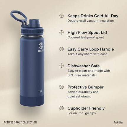 Takeya Actives Insulated Water Bottle with Spout Lid, 22 Ounce, Onyx