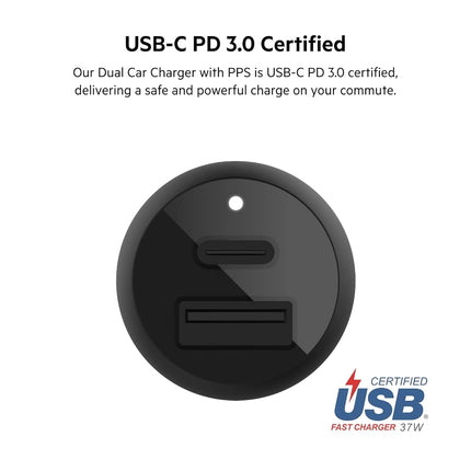 Belkin 37W Dual Port Fast Car Charger with 3.3ft USB-C Cable Included, USB-C 25W PPS Port and USB-A 12W Port for Galaxy S23, S23+, Ultra, Note20, iPhone 14, 13, 12, 11, Pro, Max, Mini and More
