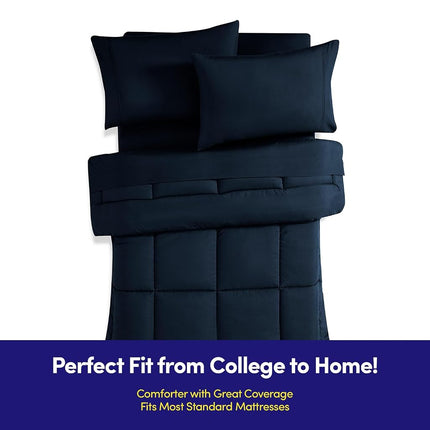 Sweet Home Collection Dorm Room Essentials College Bedding Comforter Set 7 Piece Full Size Bed in a Bag for College Students Boys and Girls, Full, Navy Blue