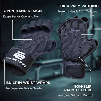 Fit Active Sports New Ventilated Weight Lifting Gloves with Built-In Wrist Wraps, Full Palm Protection & Extra Grip. Workout Grips for Pull Ups, Cross Training, Fitness, & Weightlifting. Men & Women