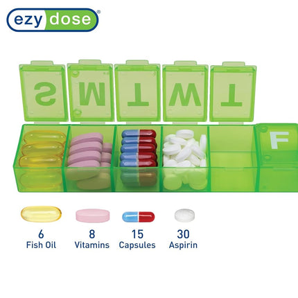 EZY DOSE Semainier (7 jours) Pilulier, Organisateur de médicaments, Boîte de rangement pour vitamines, Pratique et facile à utiliser, Compartiments extra-larges, Idéal pour les voyages, Vert, Sans BPA
