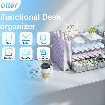 gianotter Paper Organizer with File Holder for Desk, 4 Tier Letter Tray Office Desk Organizers and Accessories - Workspace Organizers with Drawer and 2 Pen Holder for Office Supplies (Grey), 4T-2