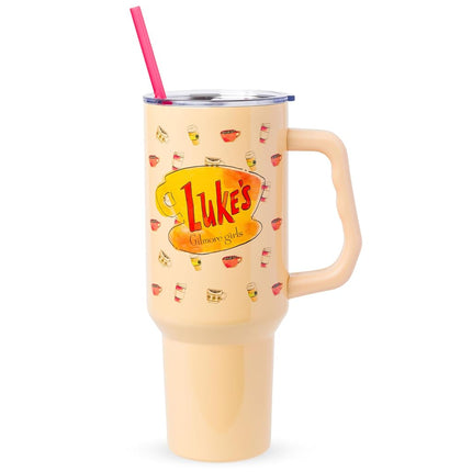 Silver Buffalo Gilmore Girls Luke's Diner – Gobelet isotherme en acier inoxydable avec poignée et paille, compatible avec les porte-gobelets standards, 1,18 litre