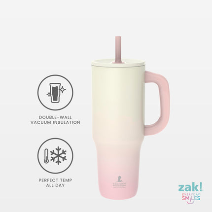 Zak Designs St. Jude Sutton Travel Tumbler for On The Go, 40oz Stainless Steel with Vacuum Insulation, Silicone Straw, and Carry Handle for Cold Drinks (Pink Ombre)