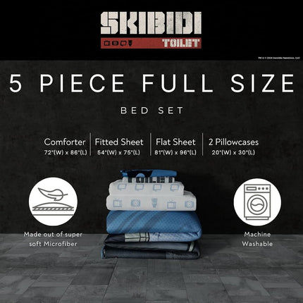 Franco Skibidi Toilet Gamer Bedding 5 Piece Super Soft Reversible Comforter and Sheet Set Full, (Officially Licensed Product)