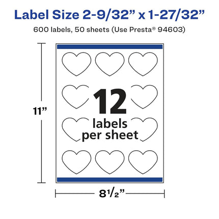 Avery Glossy White Heart Labels with Sure Feed, 2-9/32" x 1-27/32", 600 Glossy White Labels, Print-to-The-Edge, Permanent Label Adhesive, Laser/Inkjet Printable Labels
