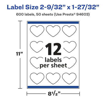 Avery Glossy White Heart Labels with Sure Feed, 2-9/32" x 1-27/32", 600 Glossy White Labels, Print-to-The-Edge, Permanent Label Adhesive, Laser/Inkjet Printable Labels