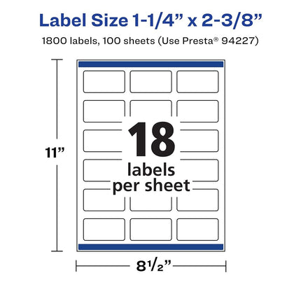 Avery Matte White Rectangle Labels with Sure Feed, 1-1/4" x 2-3/8", 1,800 Matte White Printable Labels