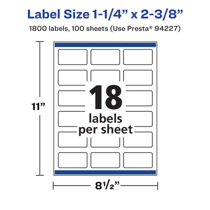 Avery Matte White Rectangle Labels with Sure Feed, 1-1/4" x 2-3/8", 1,800 Matte White Printable Labels